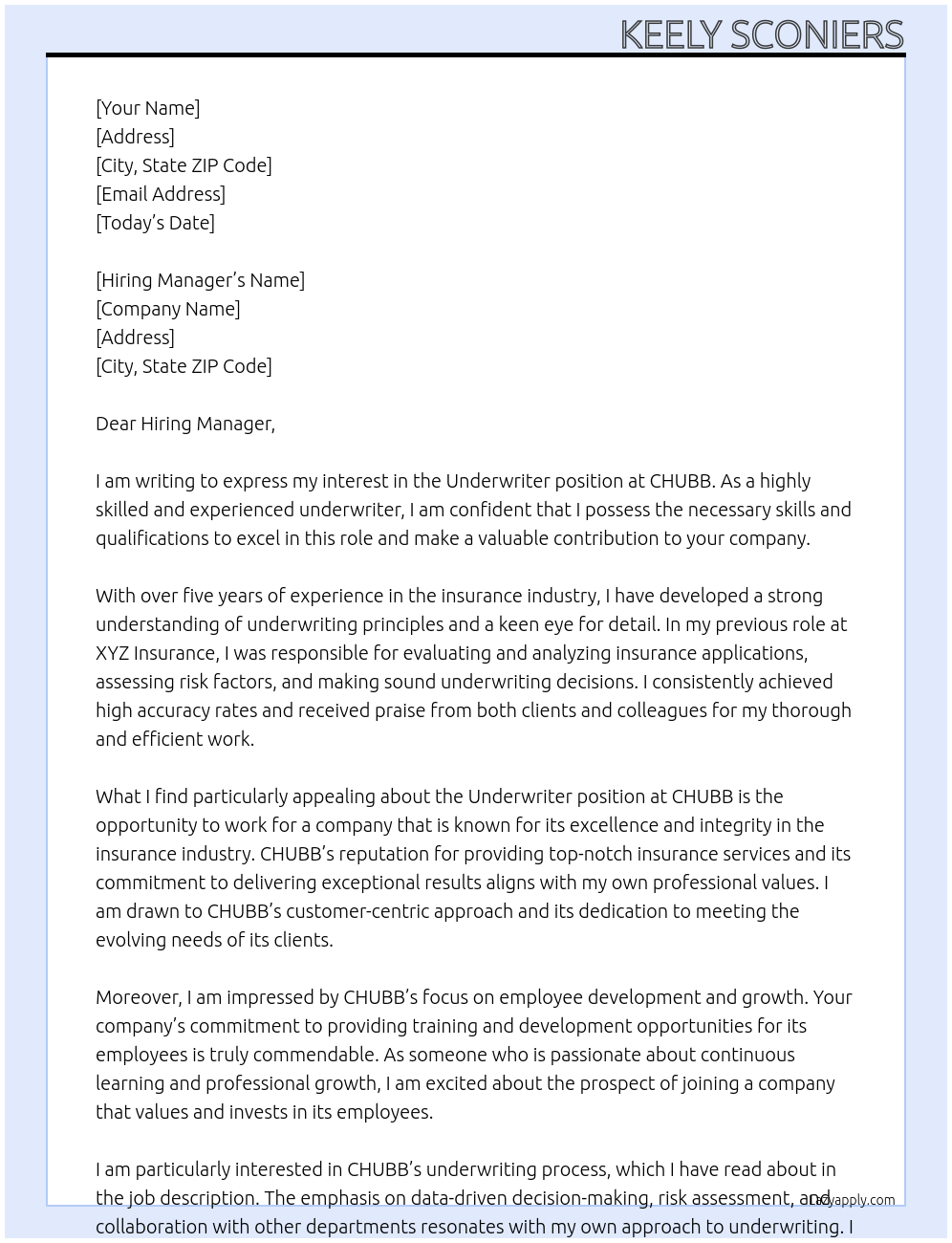 Underwriter At CHUBB Cover Letter