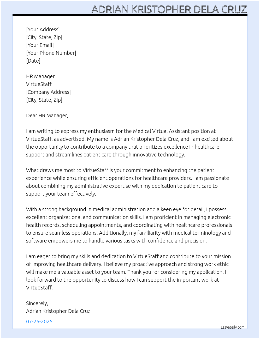 Medical Virtual Assistant At VirtueStaff Cover Letter