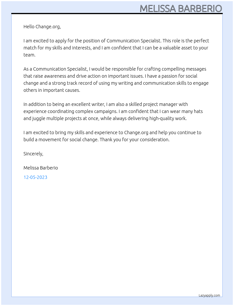 Communication Specialist At Change.org Cover Letter