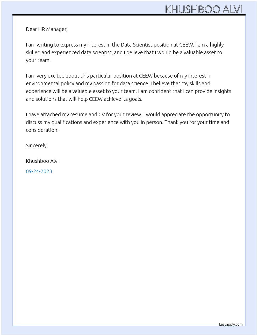 Data Scientist At CEEW Cover Letter