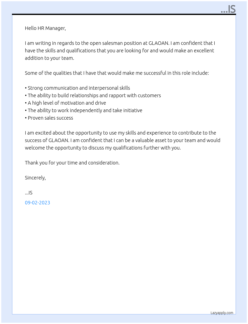 SALESMAN At GLAOAN Cover Letter