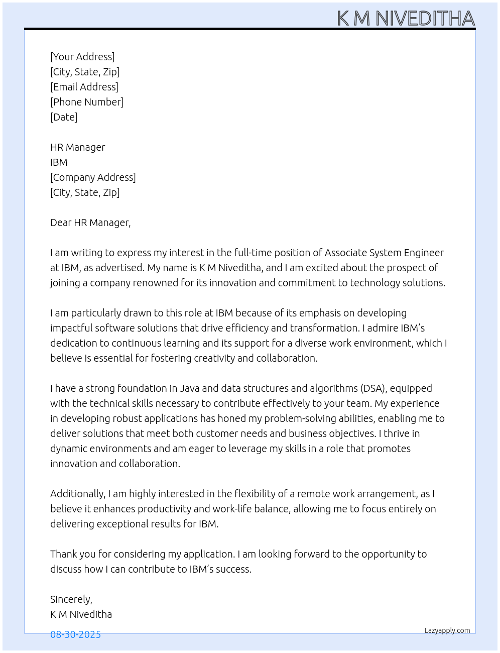 Associated System Engineer At IBM Cover Letter