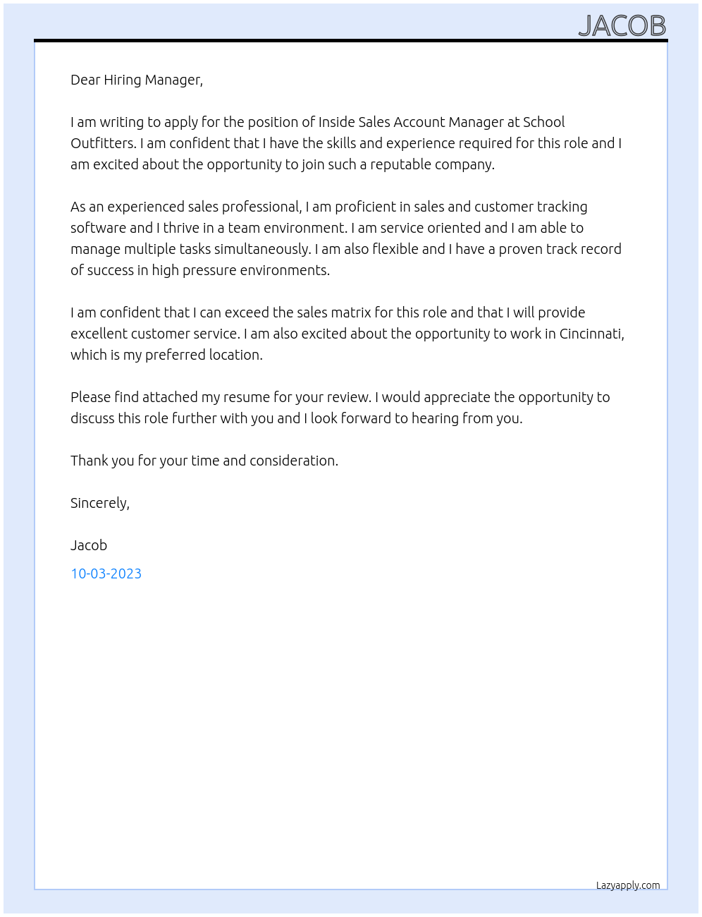 Inside Sales Account Manager  At School Outfitters Cover Letter