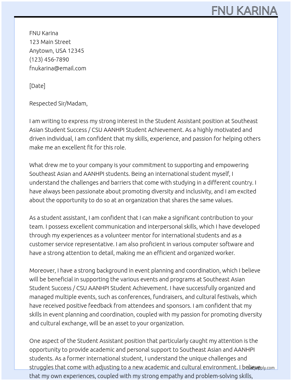 Student Assistant At Southeast Asian Student Success / CSU AANHPI Student Achievement Cover Letter