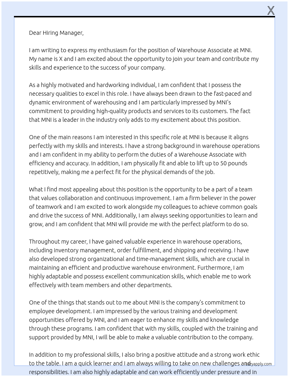 Warehouse Associate At MNI Cover Letter