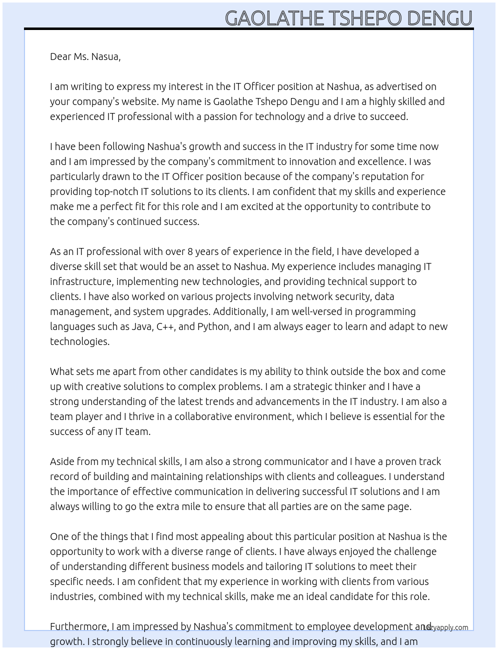 IT officer At Nashua Cover Letter