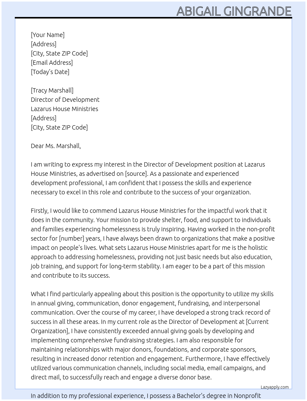 Director of Development At Lazarus House Ministries Cover Letter