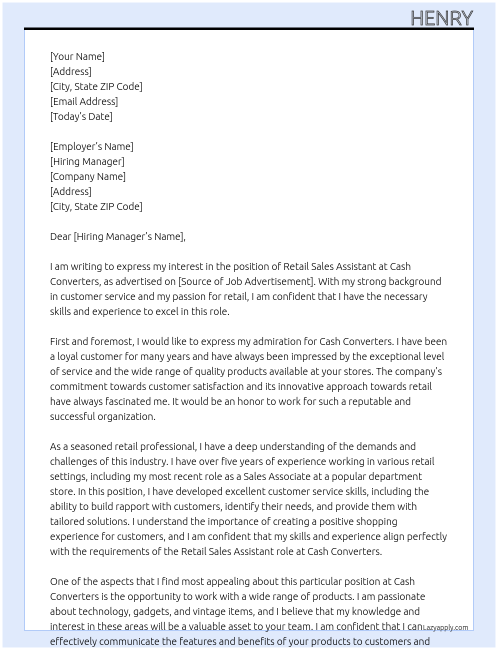 retail sales assistant At cash converters Cover Letter