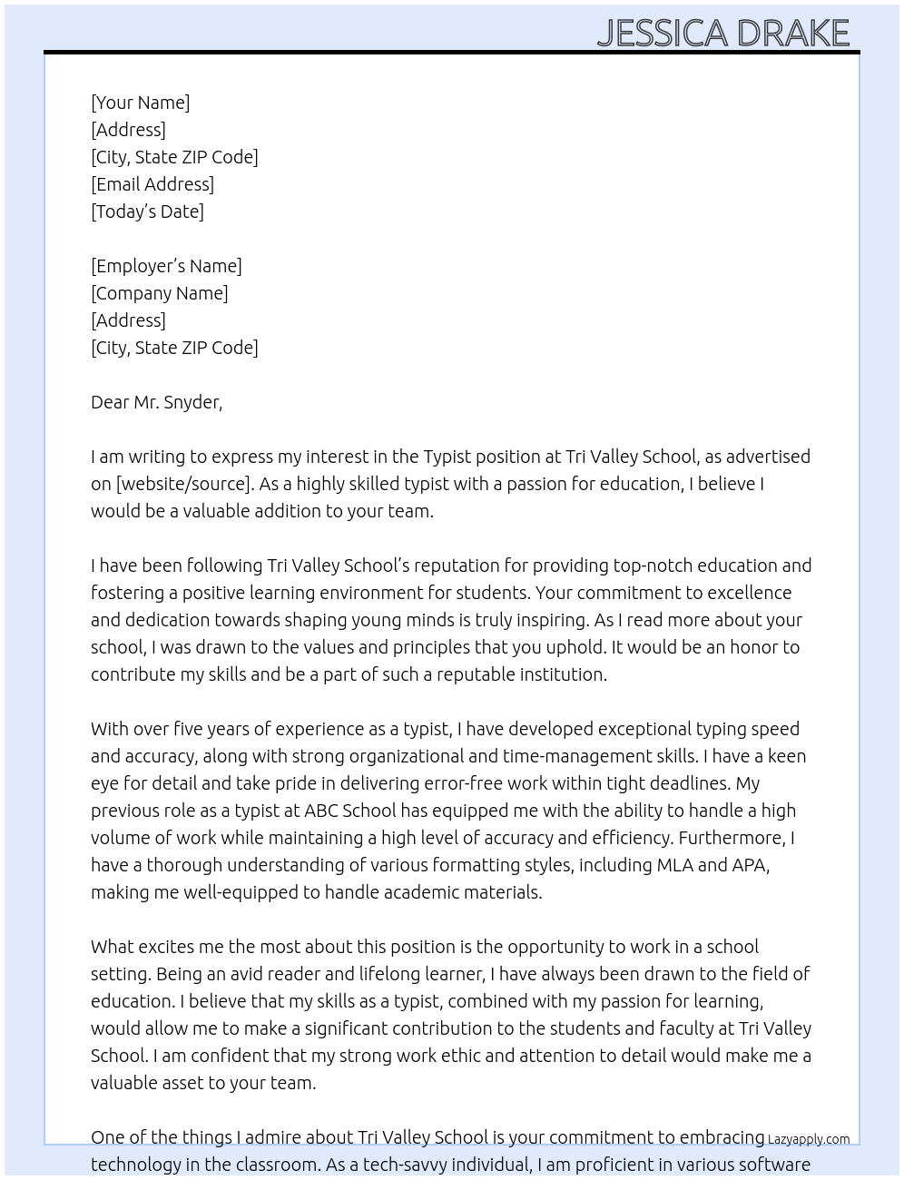 typist At Tri Valley School Cover Letter