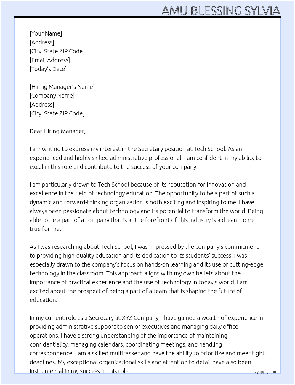 Secretary At Tech school Cover Letter