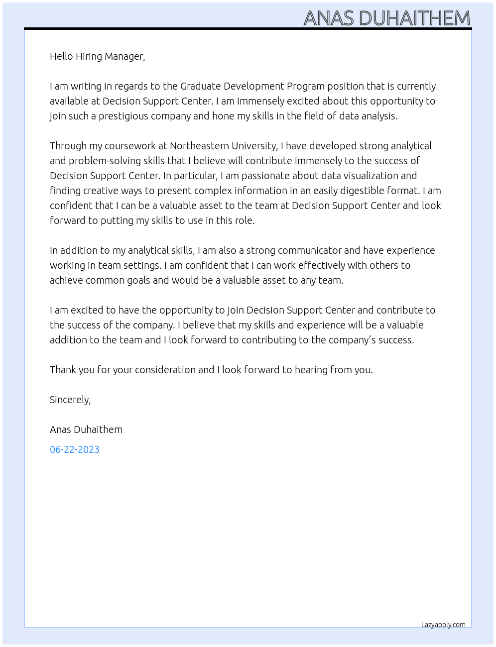 Graduate Development Program At Decision Support Center Cover Letter