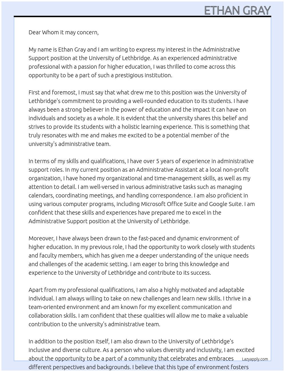 Administrative Support At University of Lethbridge Cover Letter