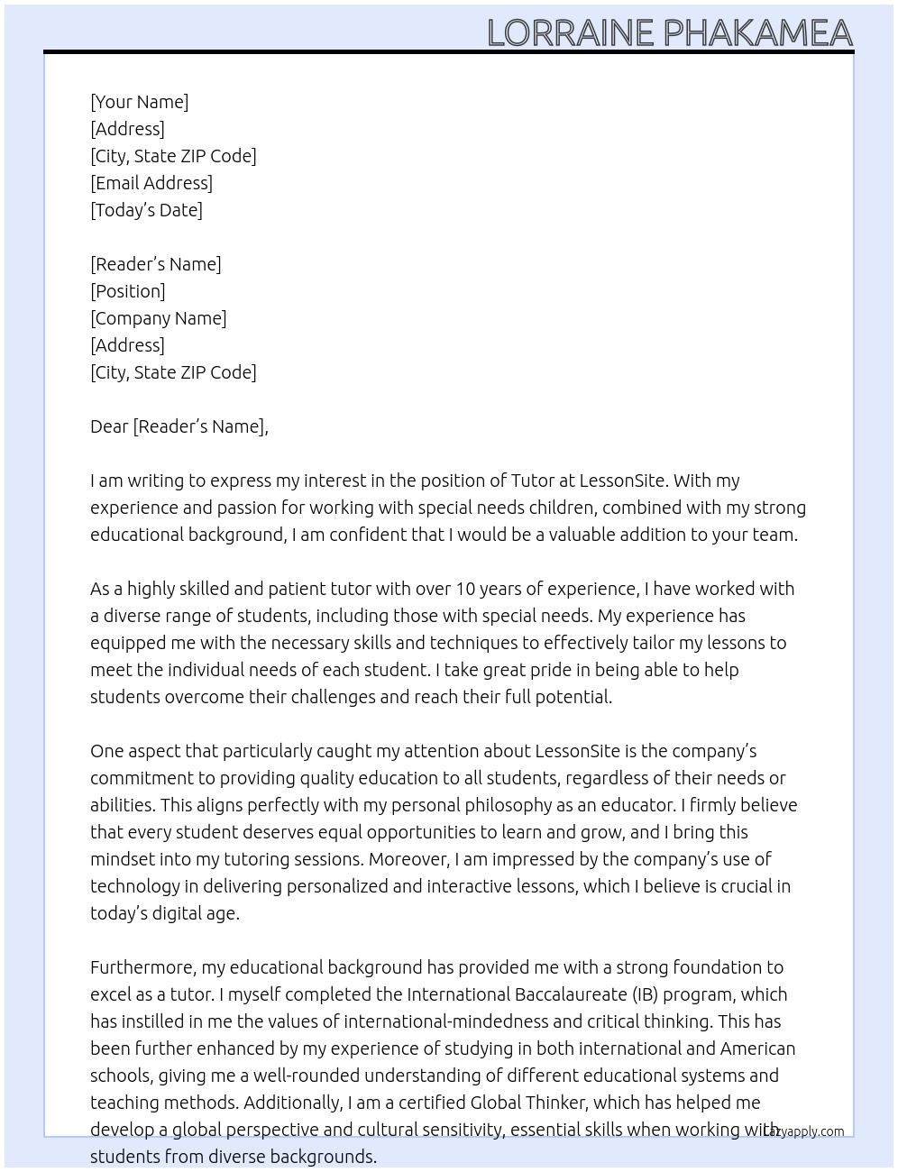tutor At lessonsite Cover Letter