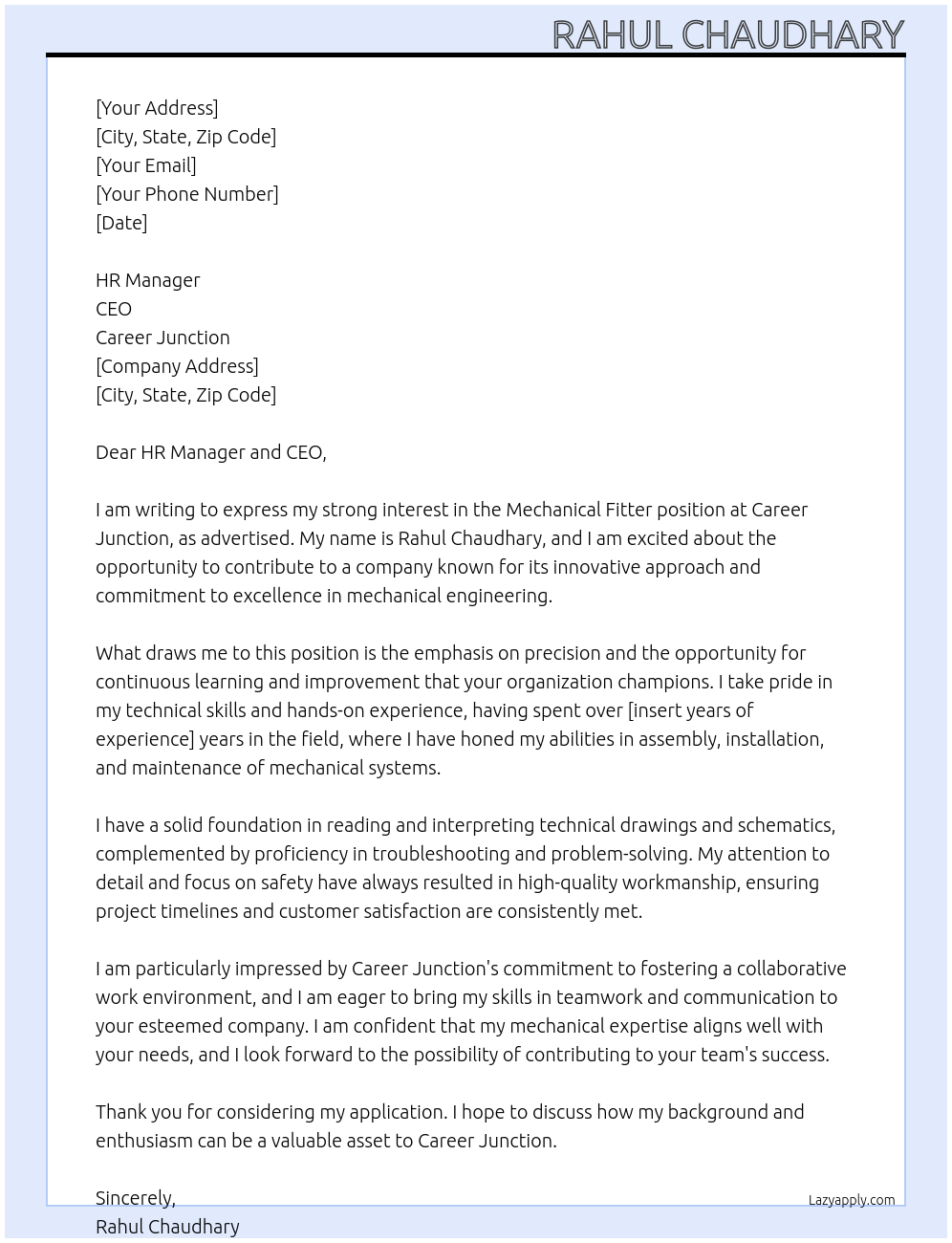 Mechanical fitter At Career juction Cover Letter