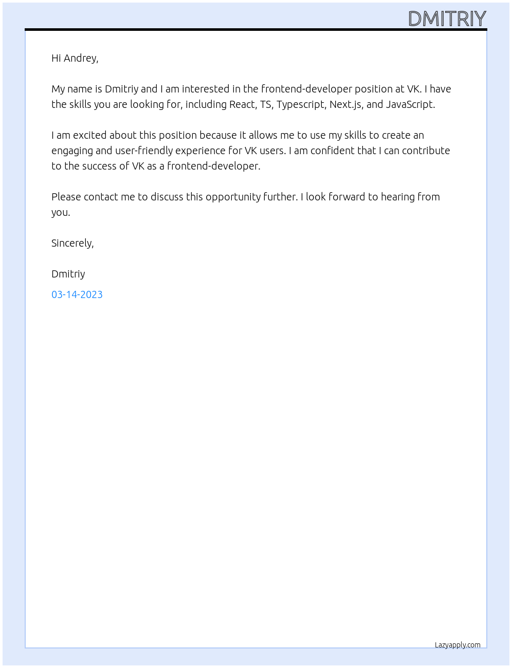 Frontend-developer At VK Cover Letter