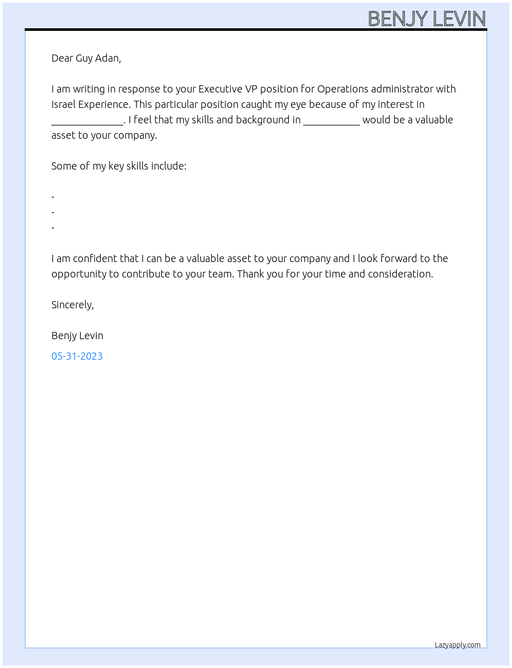 Operations administrator At Israel Experience Cover Letter