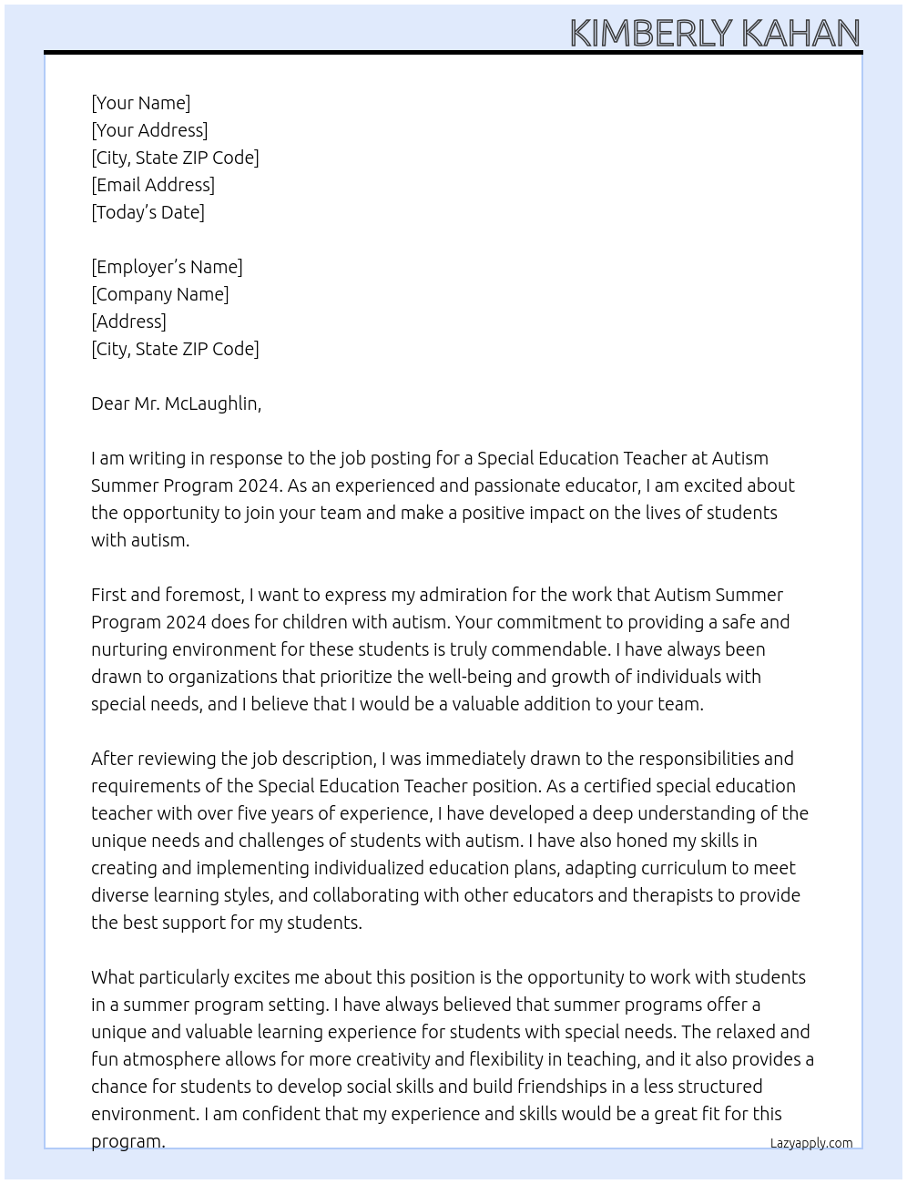 SPECIAL EDUCATION TEACHER At Autism Summer Program 2024 Cover Letter