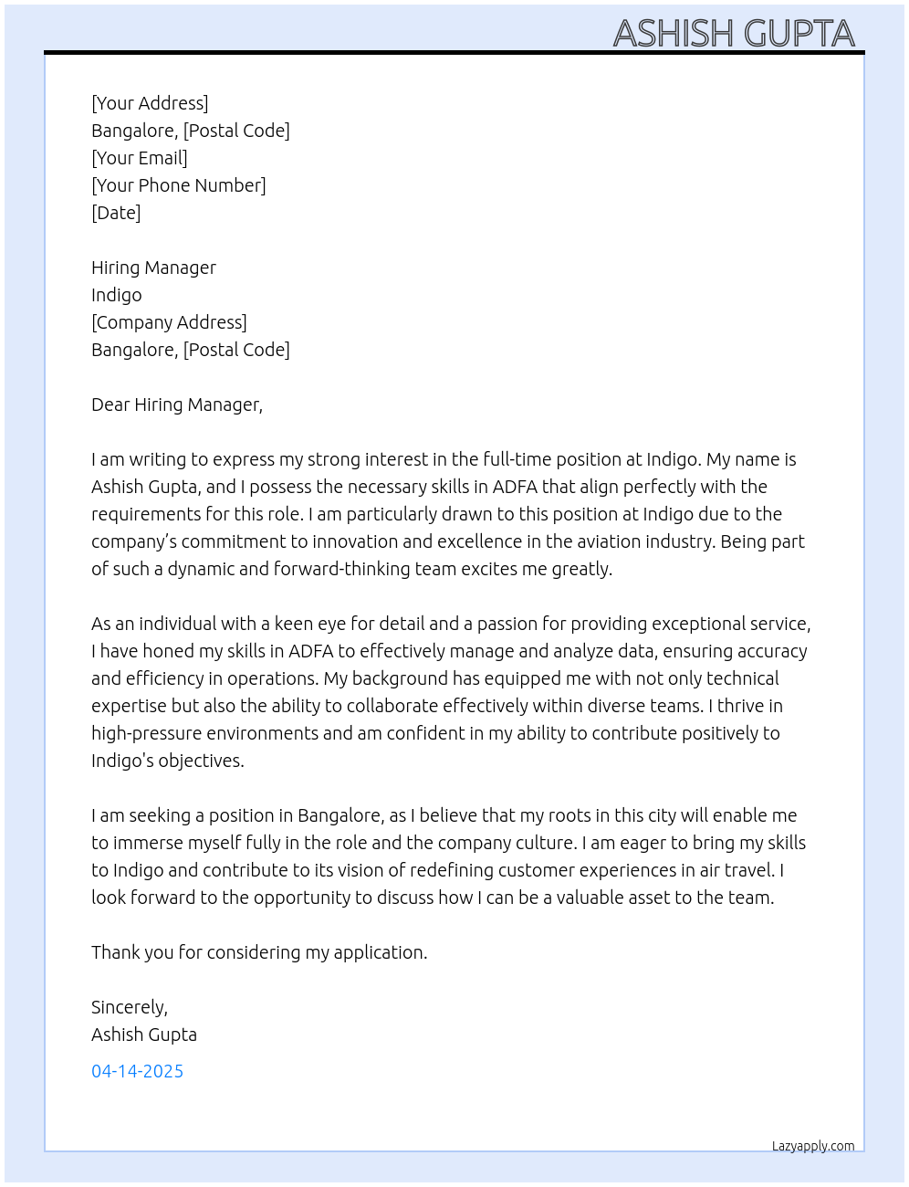 Indigo At Indigo Cover Letter