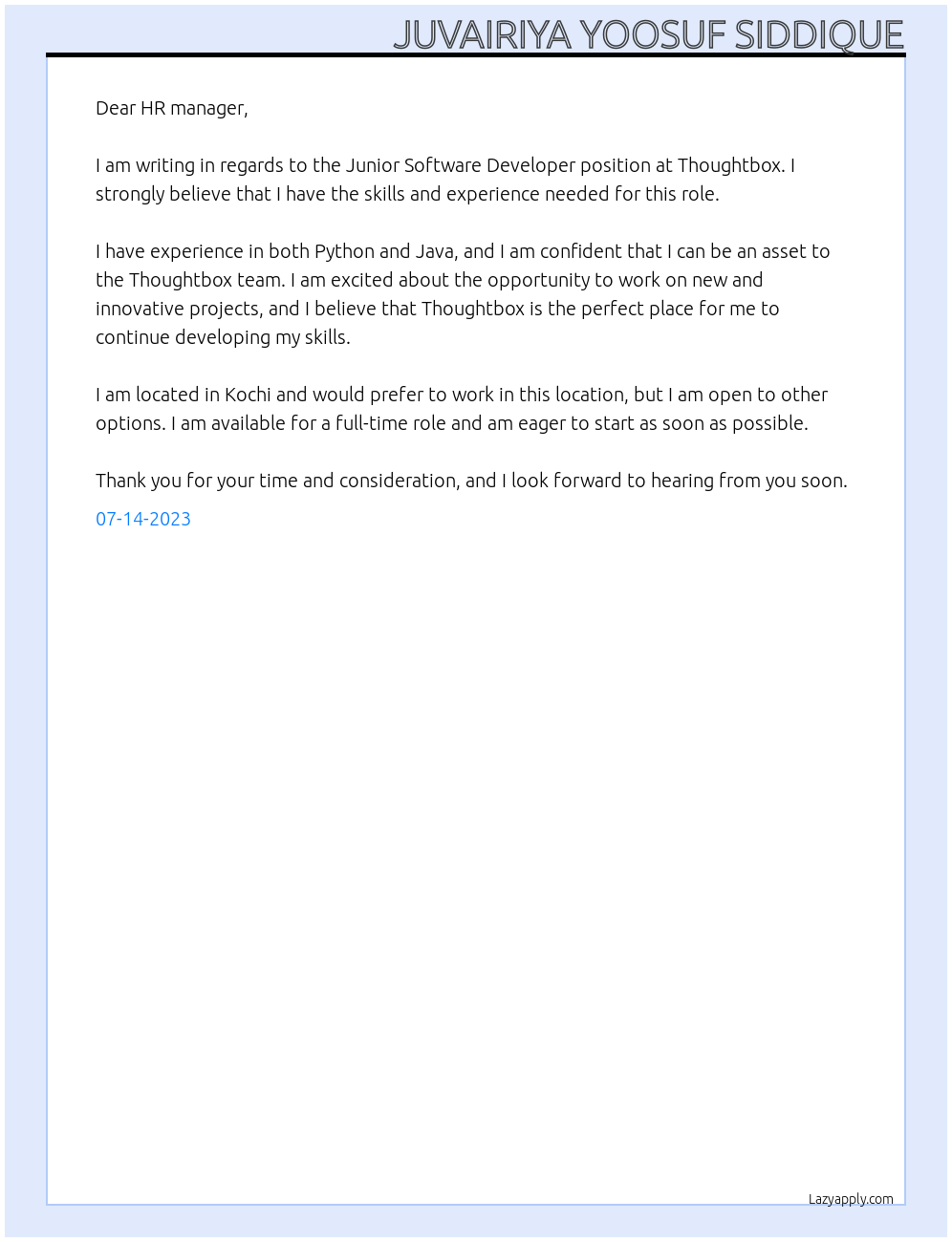Junior Software Developer At Thoughtbox Cover Letter