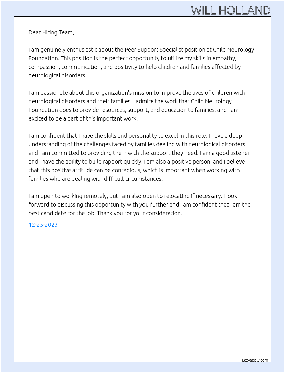 Peer Support Specialist At Child Neurology Foundation Cover Letter