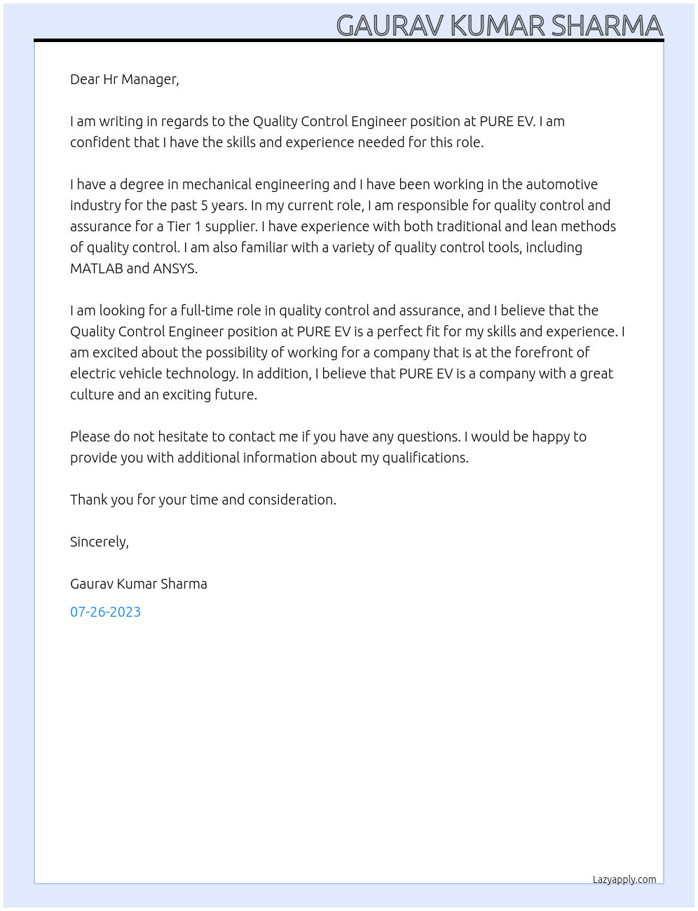 Quality Control Engineer At PURE EV Cover Letter