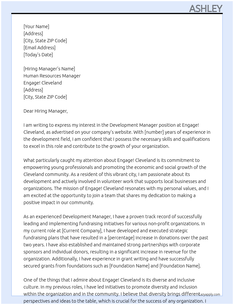 Development Manager At Engage! Cleveland Cover Letter