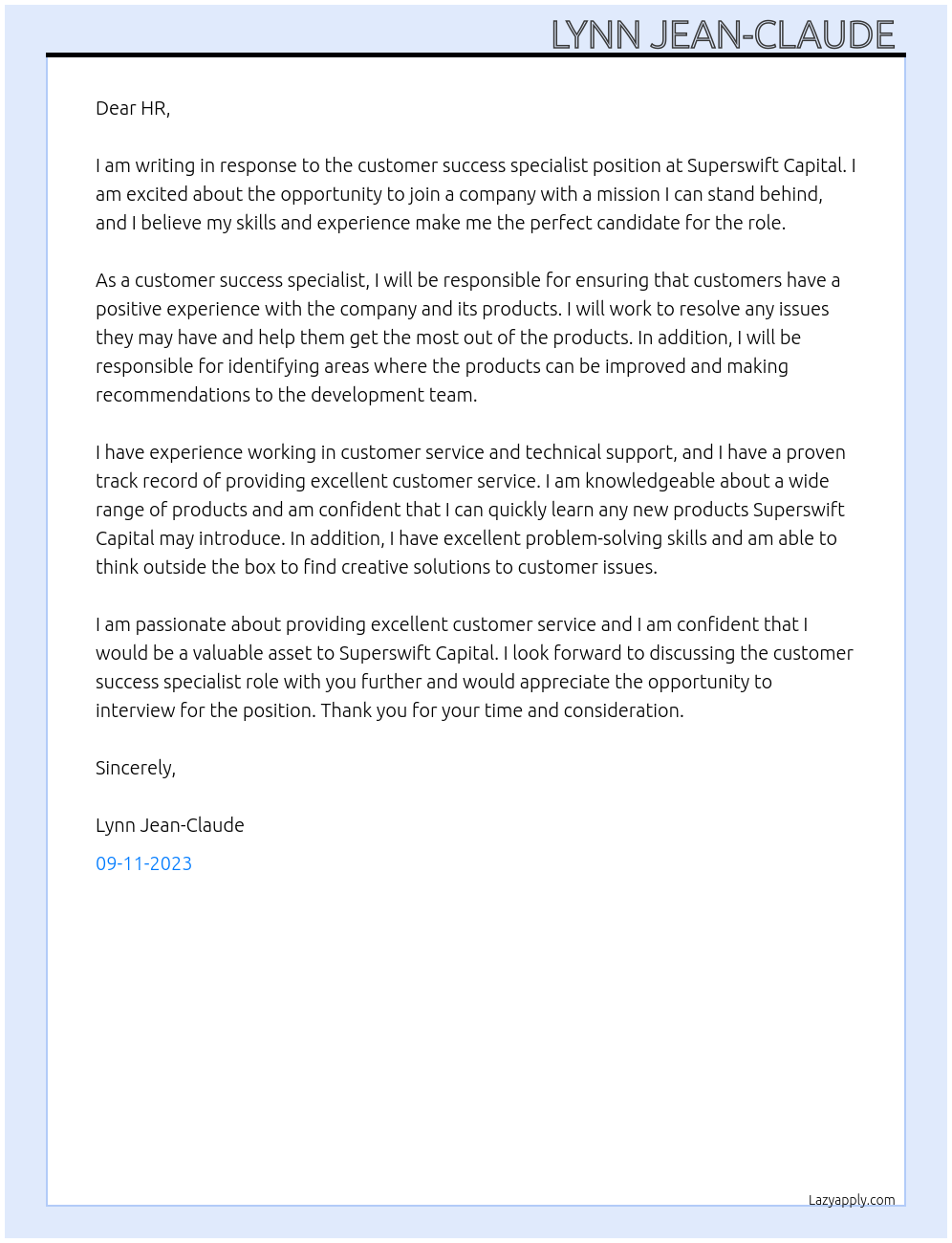 Customer success specialist At Superswift Capital Cover Letter