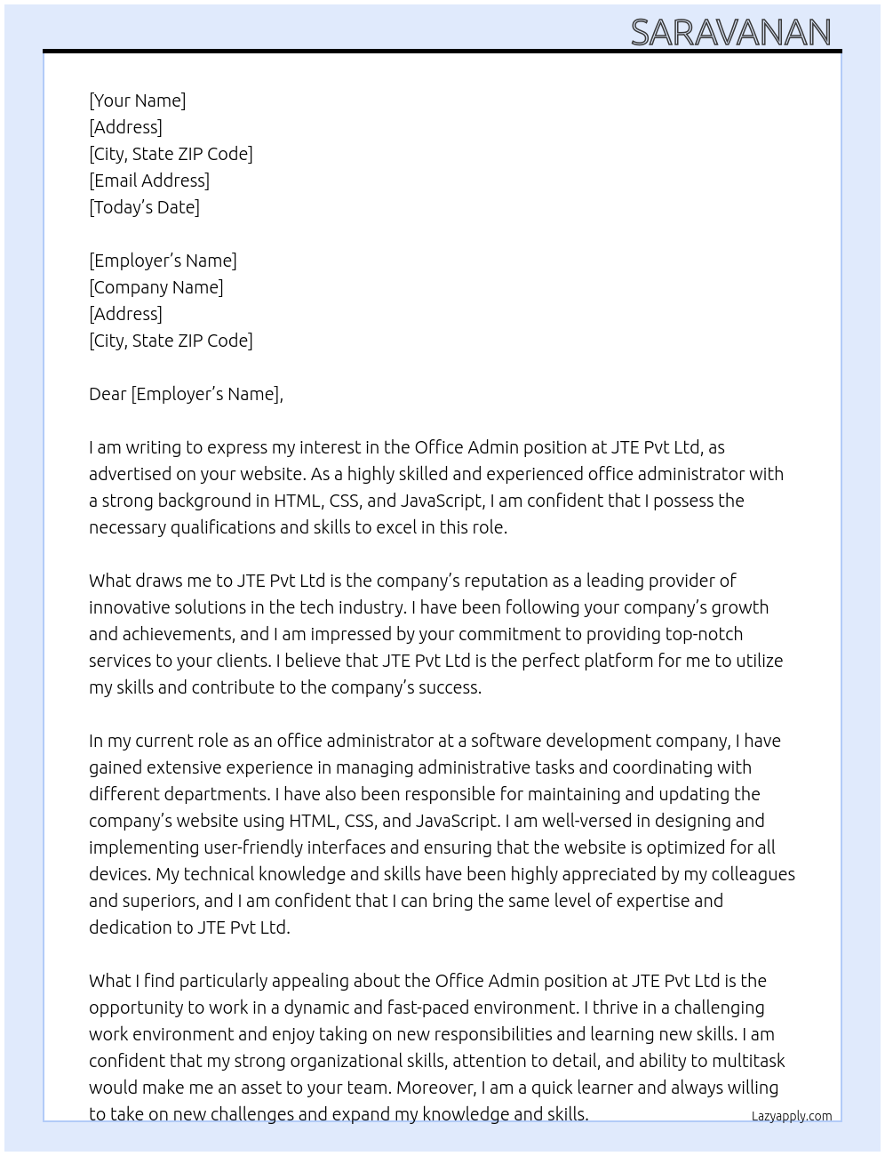 Office Admin At JTE Pvt Ltd Cover Letter