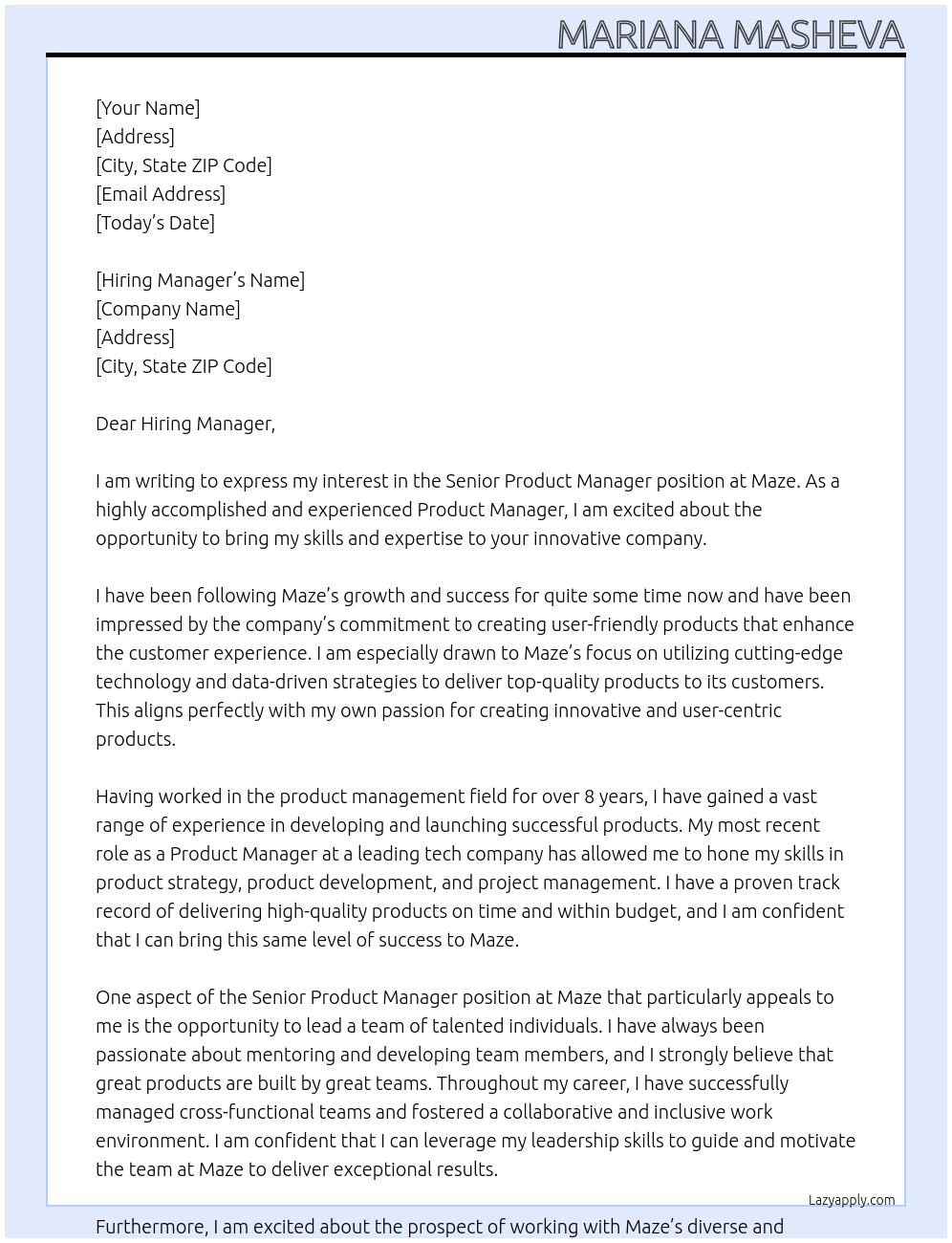 Senior Product Manager At Maze Cover Letter