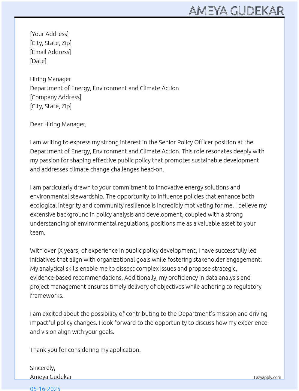 Senior Policy Officer At Department of Energy, Environment and Climate Action Cover Letter