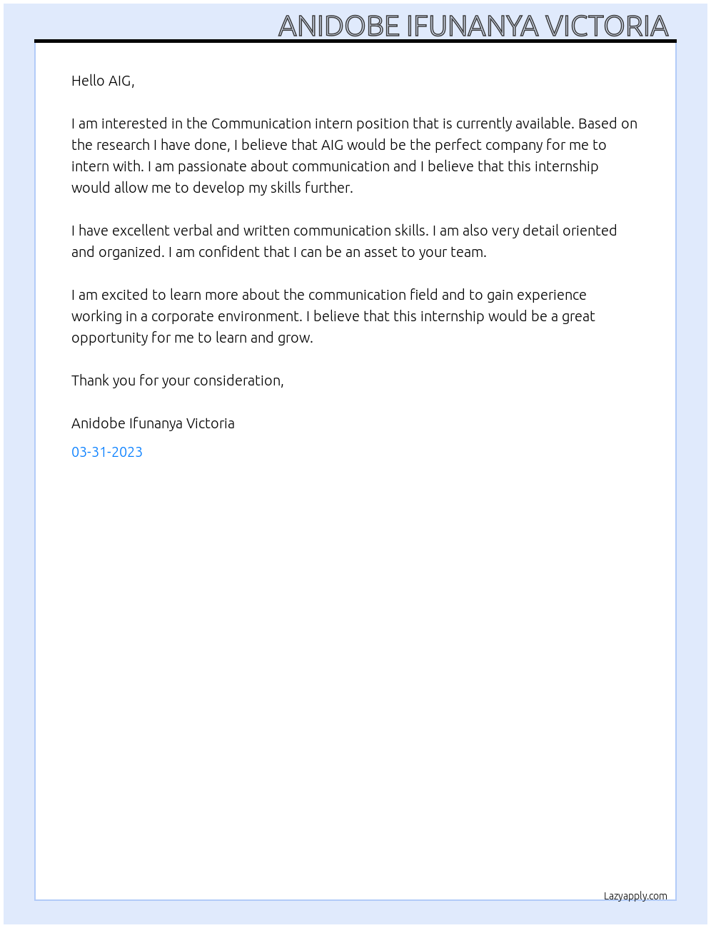 Communication intern At AIG Cover Letter