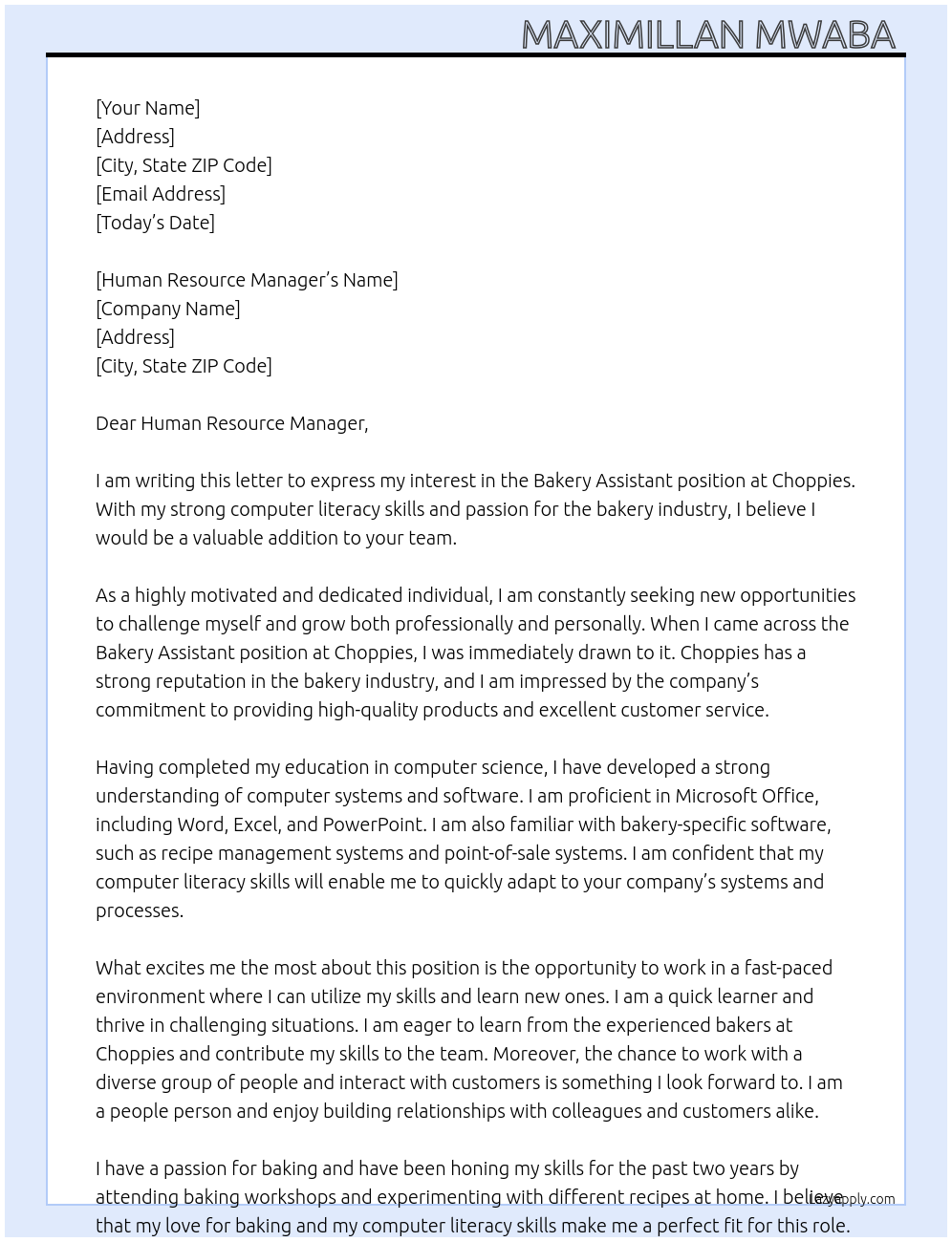 Bakery assistant At Choppies Cover Letter