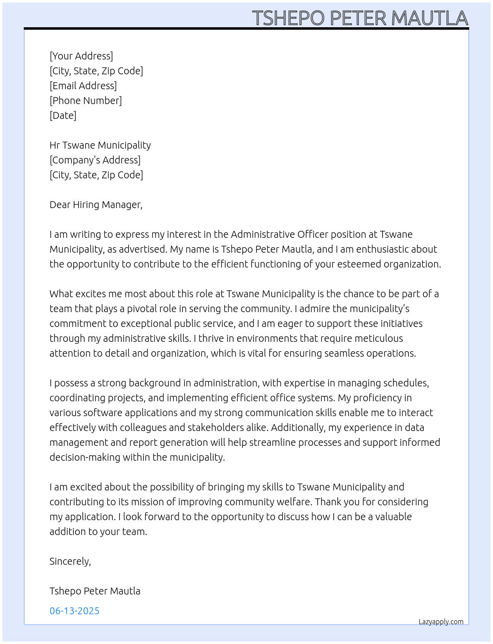 Administrative Officer At Tswane municipality Cover Letter