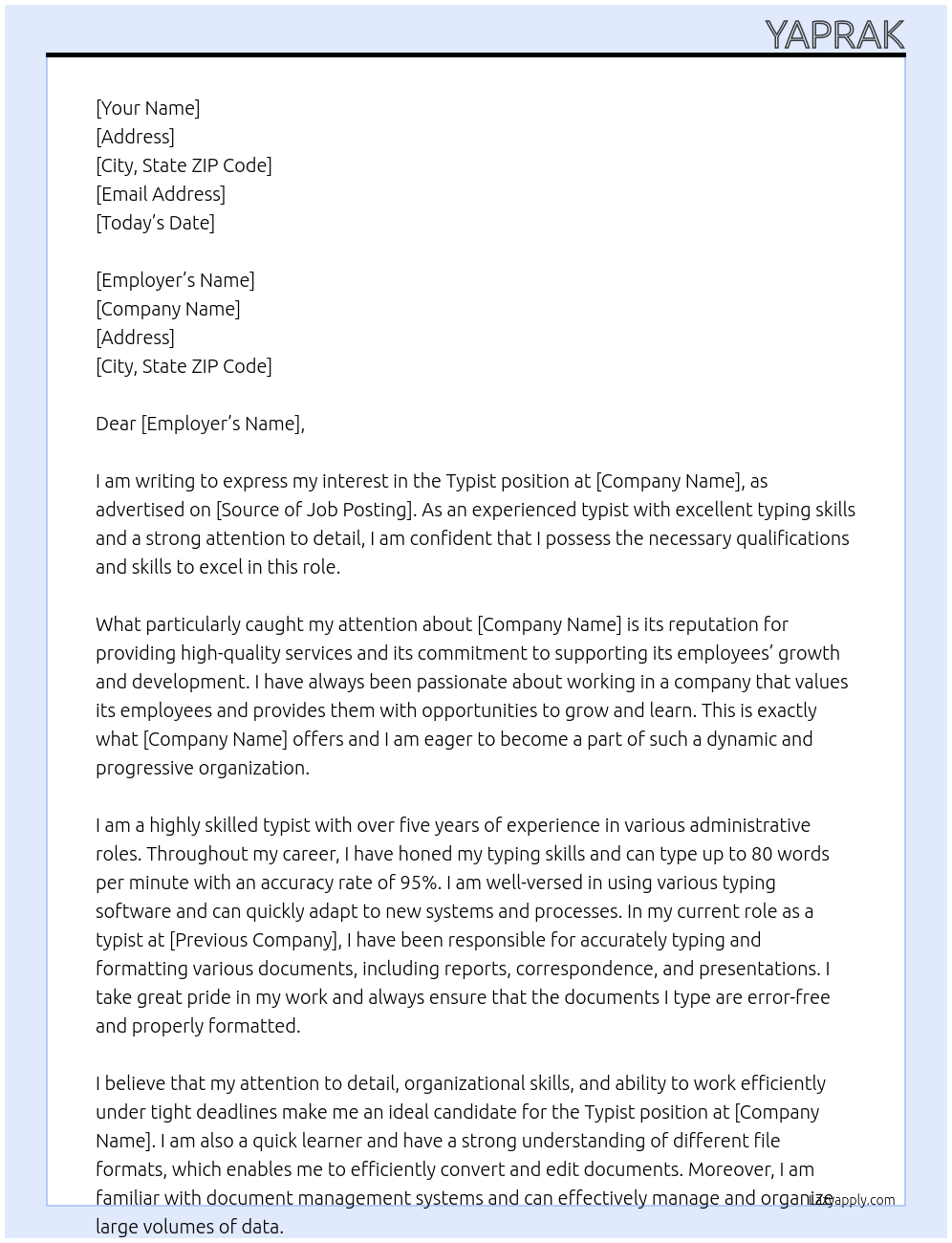 typist At typist Cover Letter