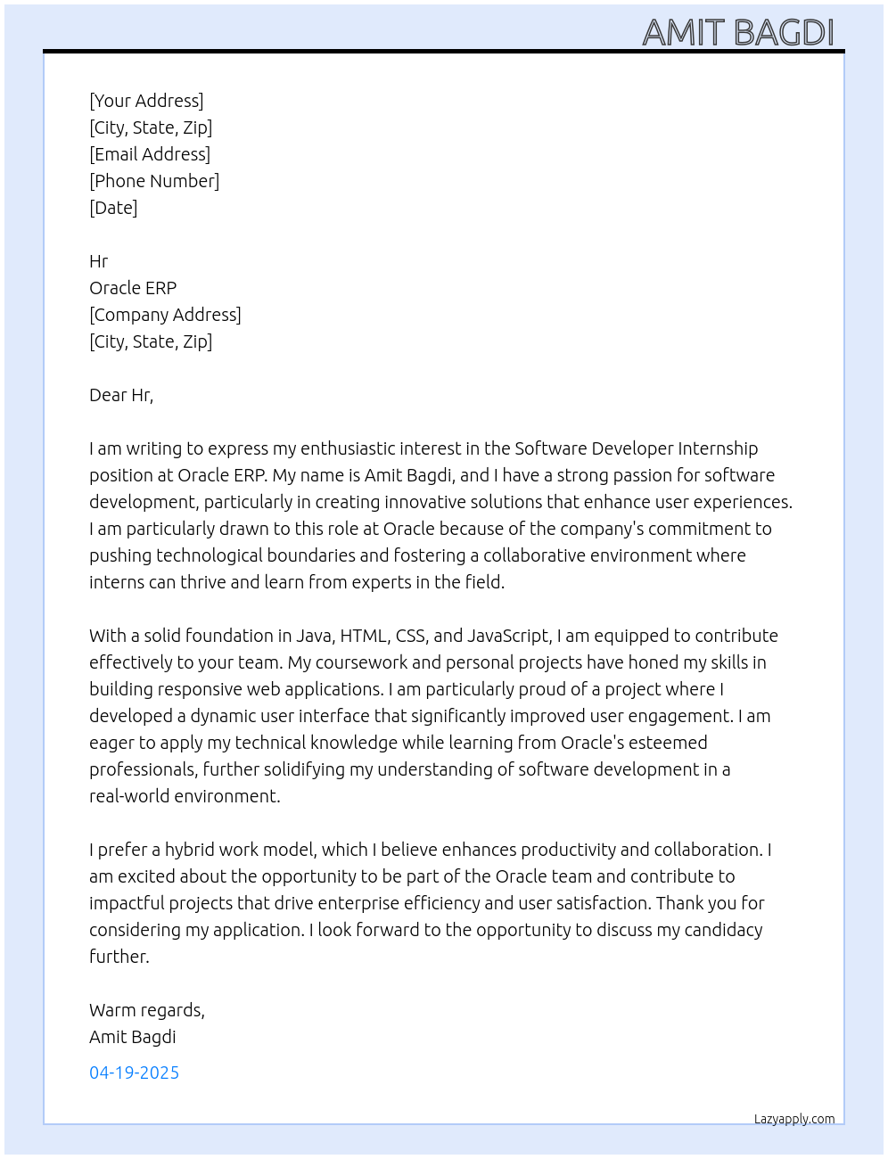 Software developer  At Oracle ERP Cover Letter