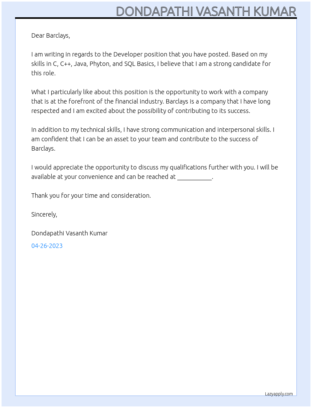 DEVELOPER At BARCLAYS Cover Letter