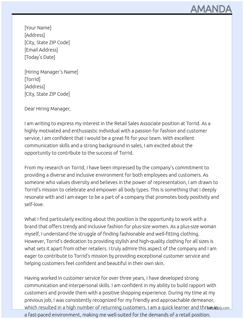 Retail Sales Associate At Torrid Cover Letter