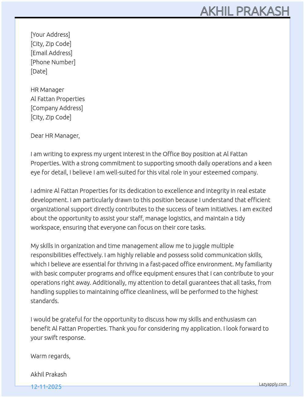 OFFICE BOY At Al Fattan Properties Cover Letter