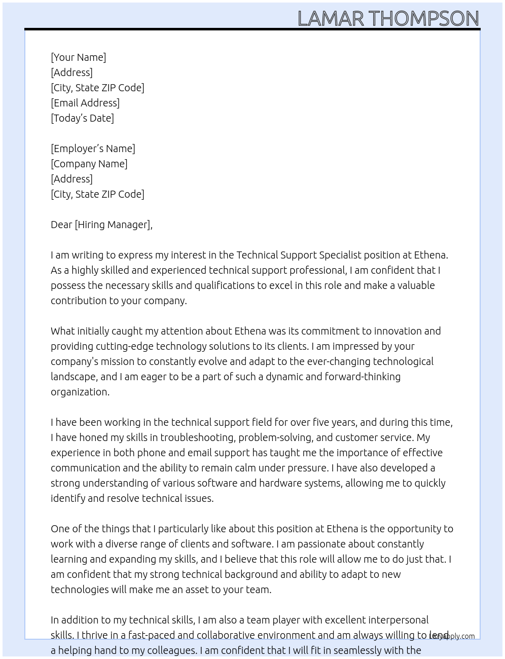 Technical Support Specialist At ethena Cover Letter