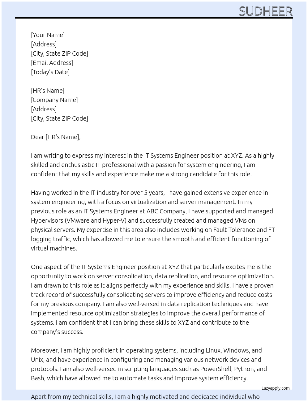 IT systems engineer At XYZ Cover Letter