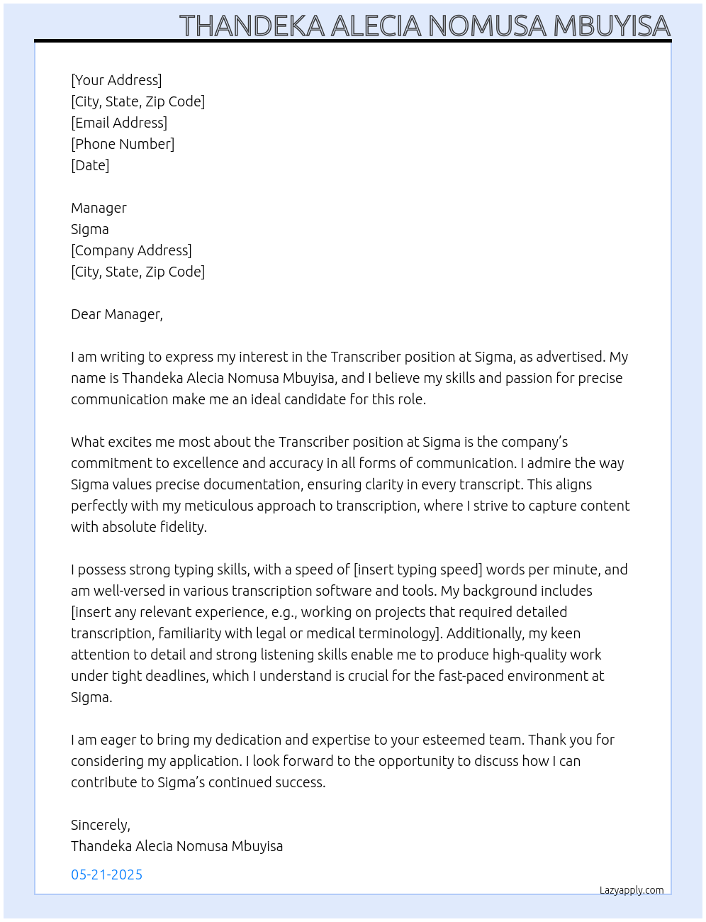 TRANSCRIBER At SIGMA Cover Letter