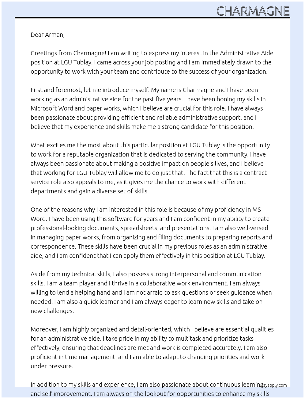 administrative aide At lgu tublay Cover Letter