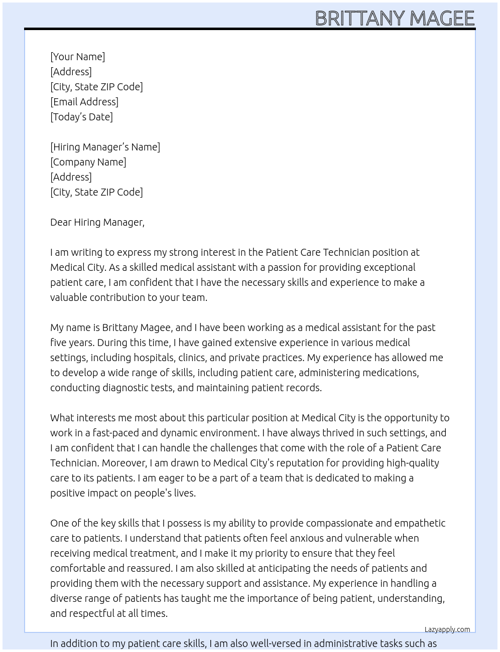 Patient care technician  At Medical City Cover Letter