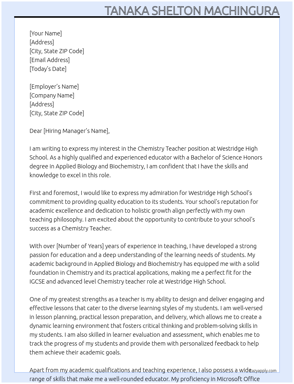 Chemistry Teacher At Westridge high school Cover Letter
