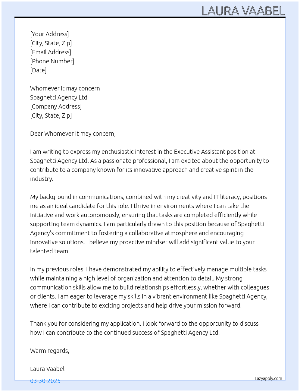 Executive Assistant At Spaghetti Agency Ltd Cover Letter