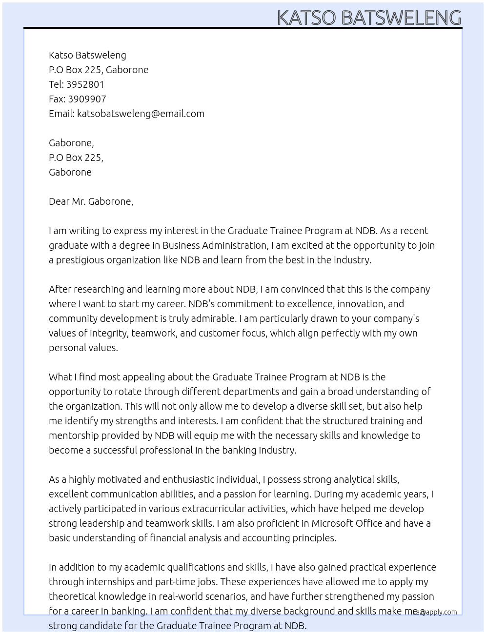 Graduate Trainee Program At NDB Cover Letter