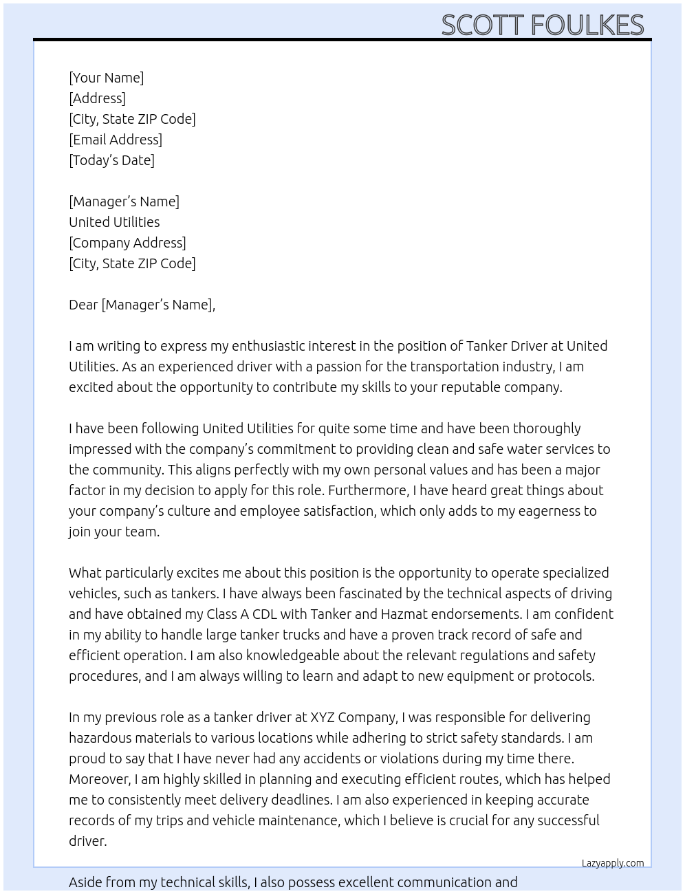 Tanker driver  At United utilities Cover Letter