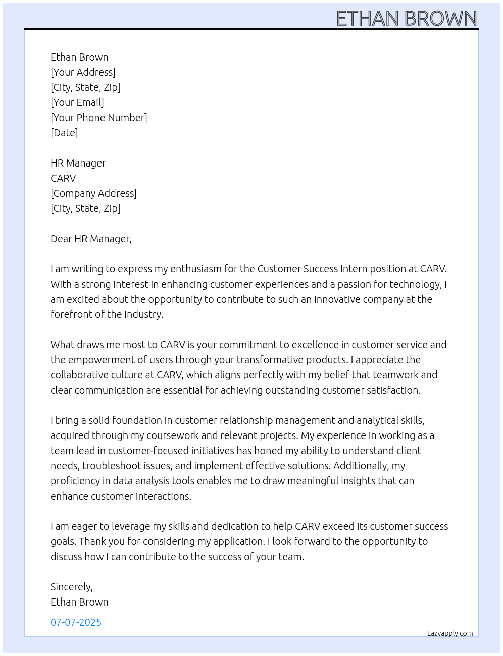 Cover letter for customer success intern - LazyApply