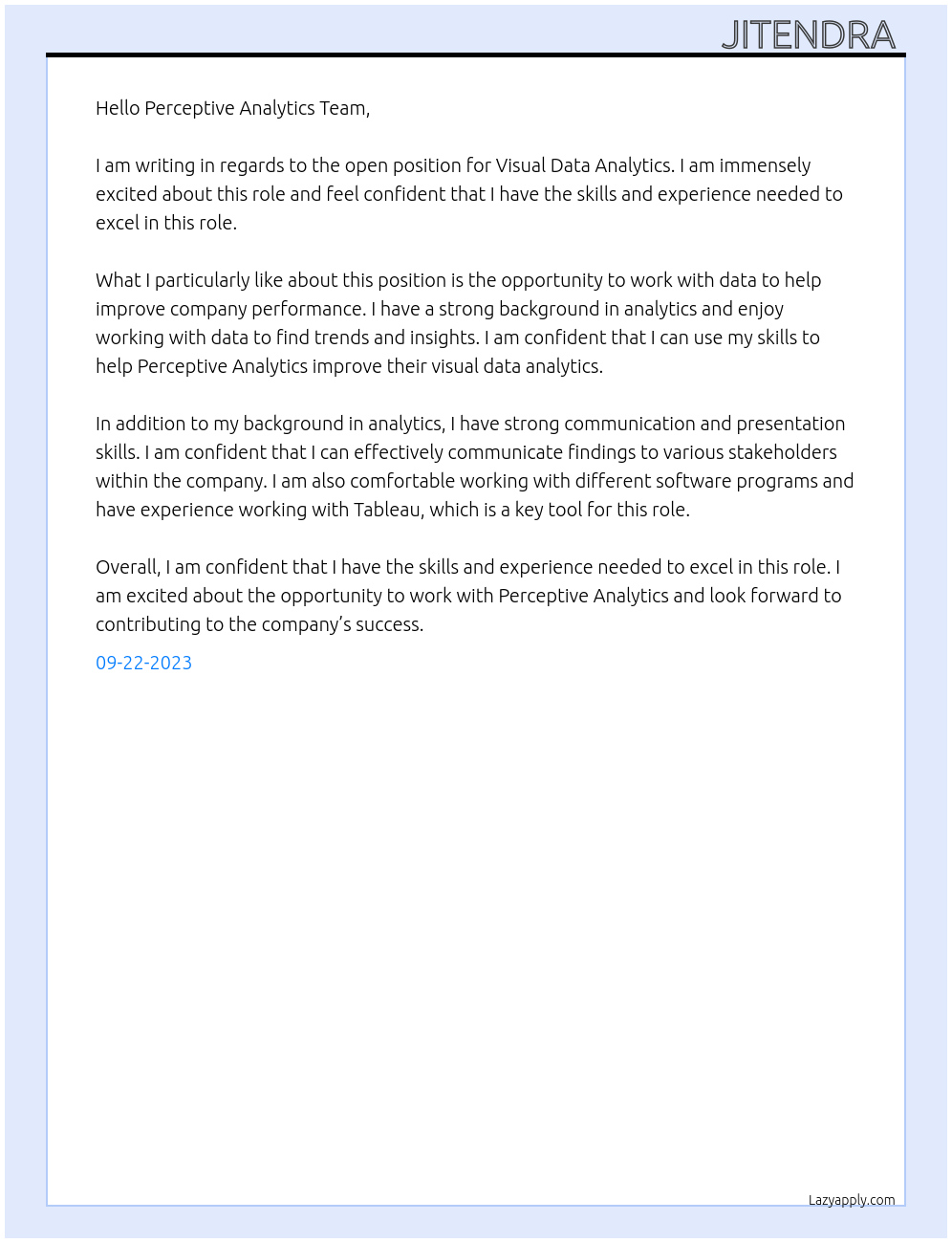 Visual Data Analytics At Perceptive Analytics Cover Letter