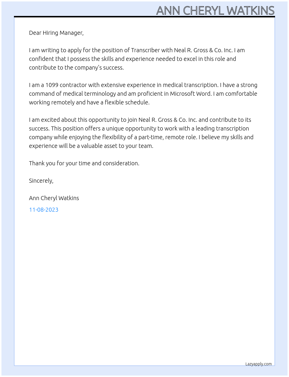 Transcriber At Neal R. Gross & Co. Inc Cover Letter